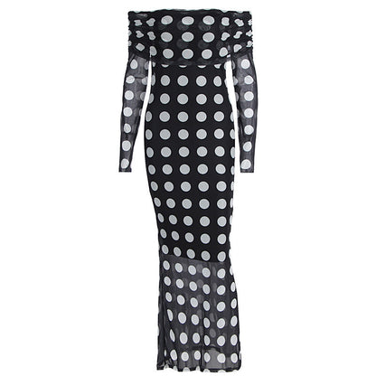 One shoulder long sleeved mesh slim fit polka dot long sleeved dress