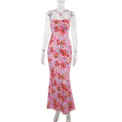 Elegant slim fit camisole printed bright beauty dress