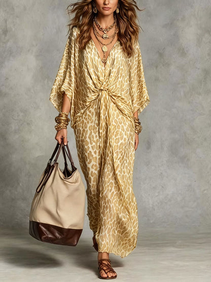 European And American Cross-Border Foreign Trade Independent Site Leopard Print V-Neck Waist-Cinching Plus Size Long Dress For Women