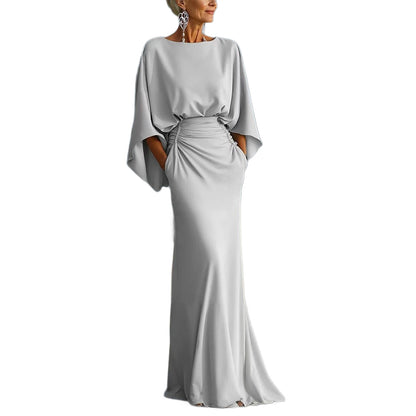 Batwing Sleeve Backless Dress Slim Elegant Pleated Dresses For Women Vening Gown For Party Wedding Clothing