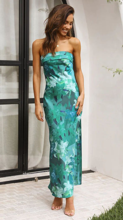 Summer Tube Top Long Dress With Backless Design INS Fashion Flowers Print Party Evening Dresses For Women