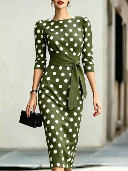 Women Elegant Black White Polka Dot Midi Dress With Waist Belt Three-Quarter Sleeve O Neck Pencil Bodycon Formal Work Office Party Dress
