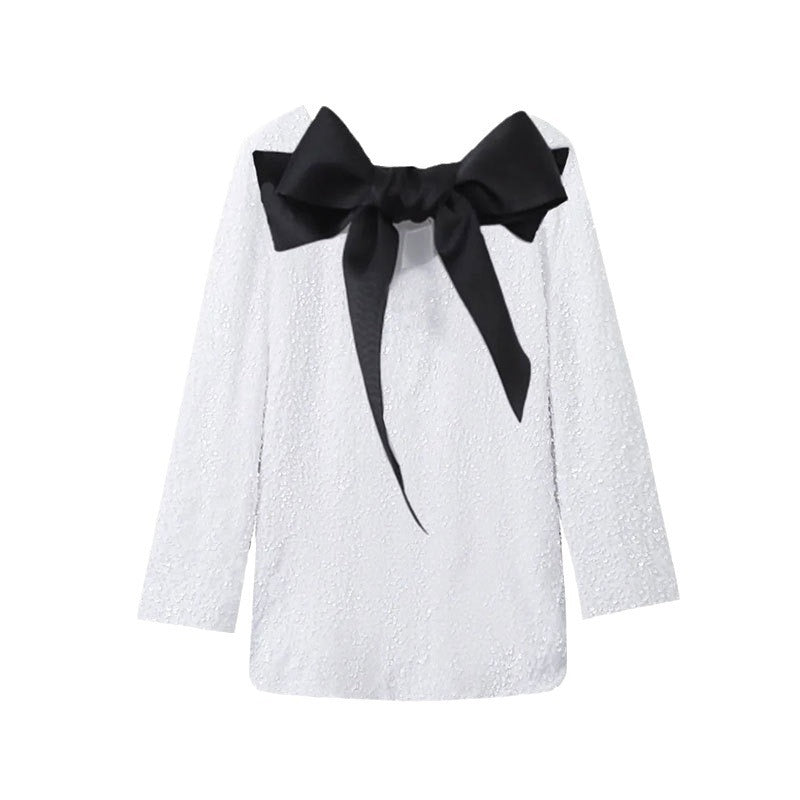 Sequined Back-Bowed Dress Fashion Round Neck Long Sleeve Dresses For Party Daily Shopping Women