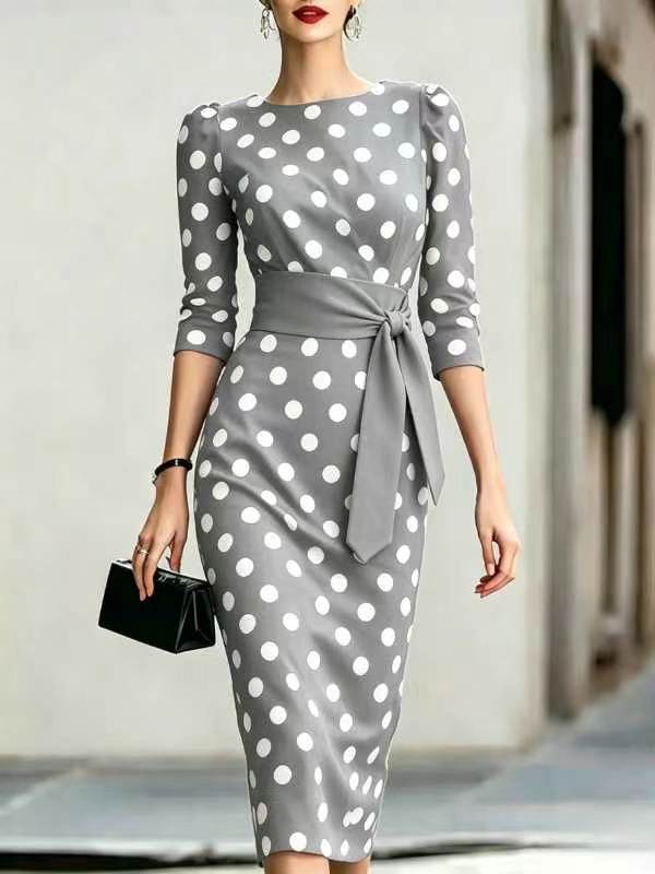 Women Elegant Black White Polka Dot Midi Dress With Waist Belt Three-Quarter Sleeve O Neck Pencil Bodycon Formal Work Office Party Dress