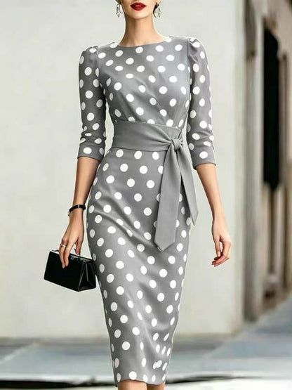 Women Elegant Black White Polka Dot Midi Dress With Waist Belt Three-Quarter Sleeve O Neck Pencil Bodycon Formal Work Office Party Dress