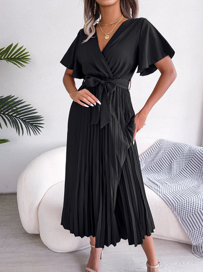 Women Elegant Cross V Neck Flowy Pleated Maxi Dress
