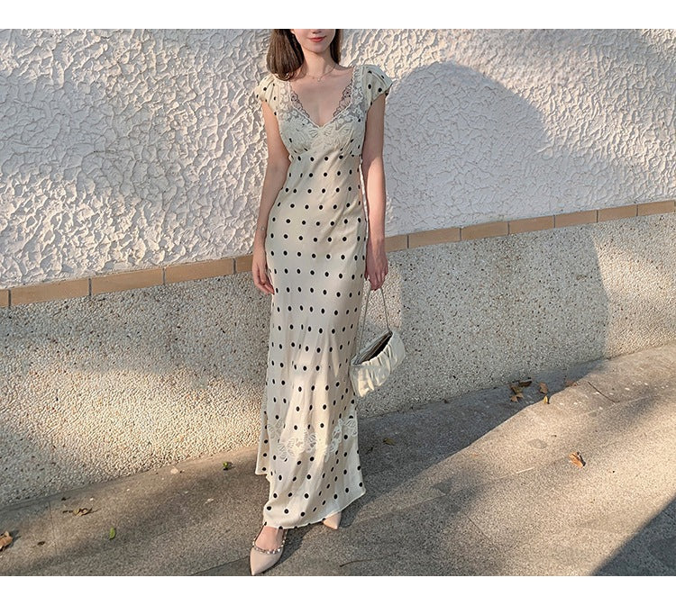 Lace V-neck Polka Dot Dress Women