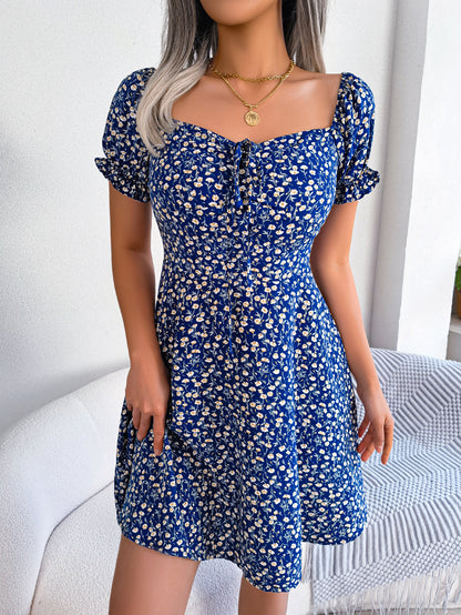 Women Casual Bell Sleeve Drawstring Tie Flowy Floral Print Dress