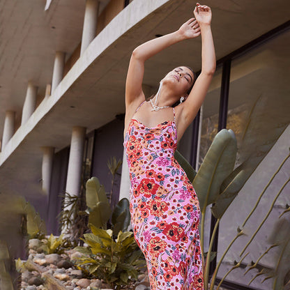 Elegant slim fit camisole printed bright beauty dress