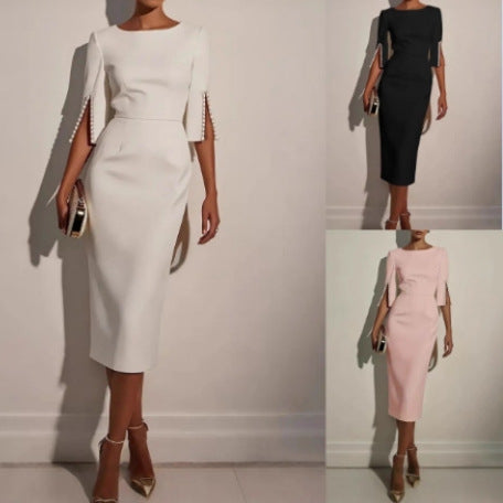 New European And American Amazon Cross-Border Spring And Summer Pure Color Work Clothing Beaded Slim Elegant Dress For Women
