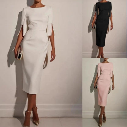New European And American Amazon Cross-Border Spring And Summer Pure Color Work Clothing Beaded Slim Elegant Dress For Women