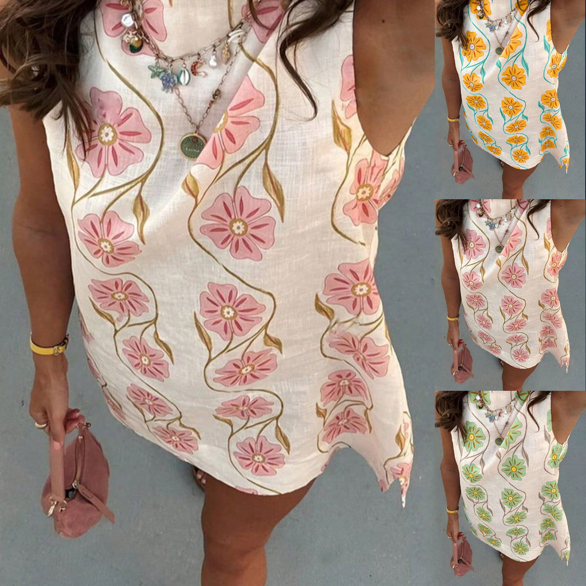 2026 Summer New Arrival Casual Pink Floral Round Neck Sleeveless Tank Dress For Women European And American Styles