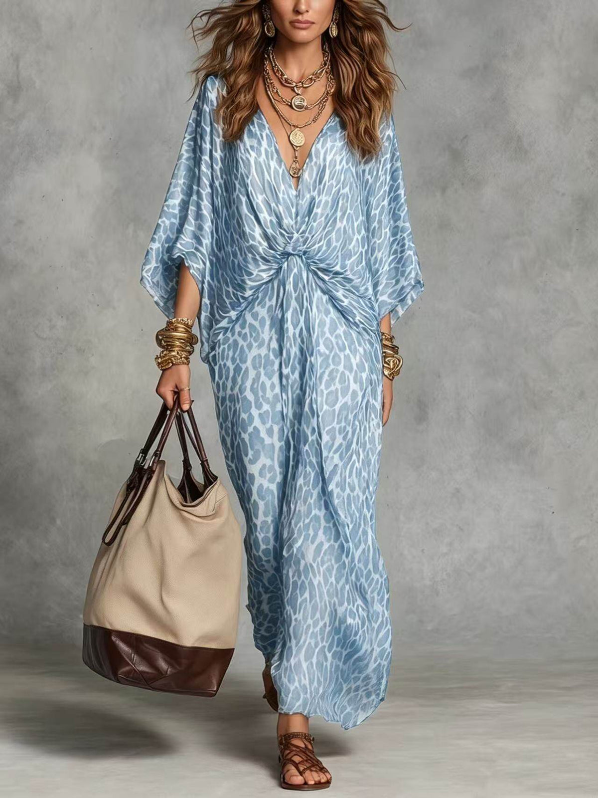 European And American Cross-Border Foreign Trade Independent Site Leopard Print V-Neck Waist-Cinching Plus Size Long Dress For Women