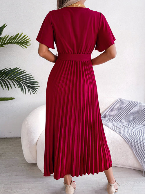 Women Elegant Cross V Neck Flowy Pleated Maxi Dress