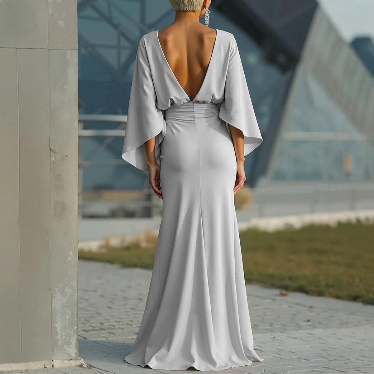 Batwing Sleeve Backless Dress Slim Elegant Pleated Dresses For Women Vening Gown For Party Wedding Clothing