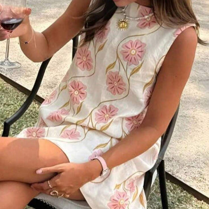 2026 Summer New Arrival Casual Pink Floral Round Neck Sleeveless Tank Dress For Women European And American Styles