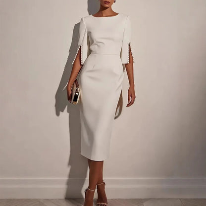 New European And American Amazon Cross-Border Spring And Summer Pure Color Work Clothing Beaded Slim Elegant Dress For Women