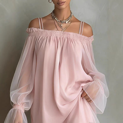 Sexy Sweet Double Strap Vestidos Off Shoulder Dress For Women Vestido Fairy Mini Loose Dresses Summer New Sheer Mesh Long Sleeve