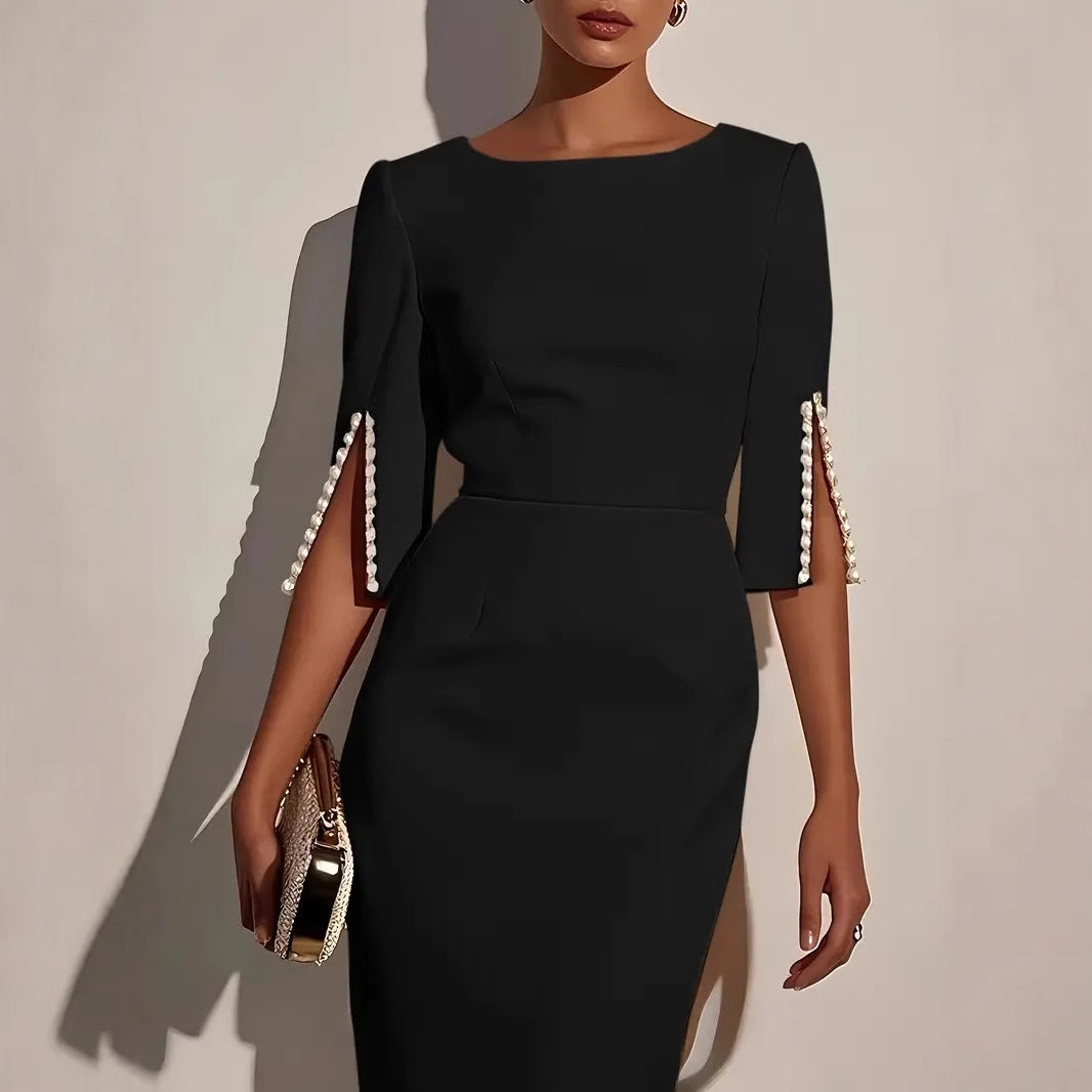 New European And American Amazon Cross-Border Spring And Summer Pure Color Work Clothing Beaded Slim Elegant Dress For Women