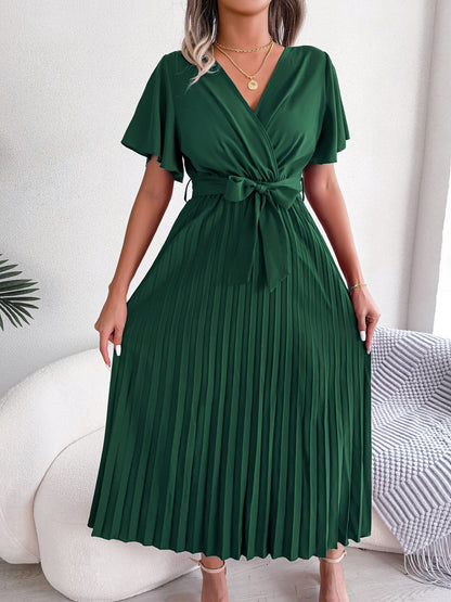 Women Elegant Cross V Neck Flowy Pleated Maxi Dress