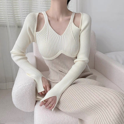 French Style Gentle Halter Knitted Long-sleeved Dress Women