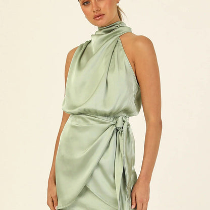 Elegant Halter Neck Dress Fashion Sleeveless Waist-tied Short Dresses For Evening Party Clothing Women