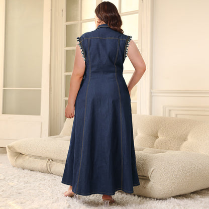 Button Cardigan Denim Long Dress For Women