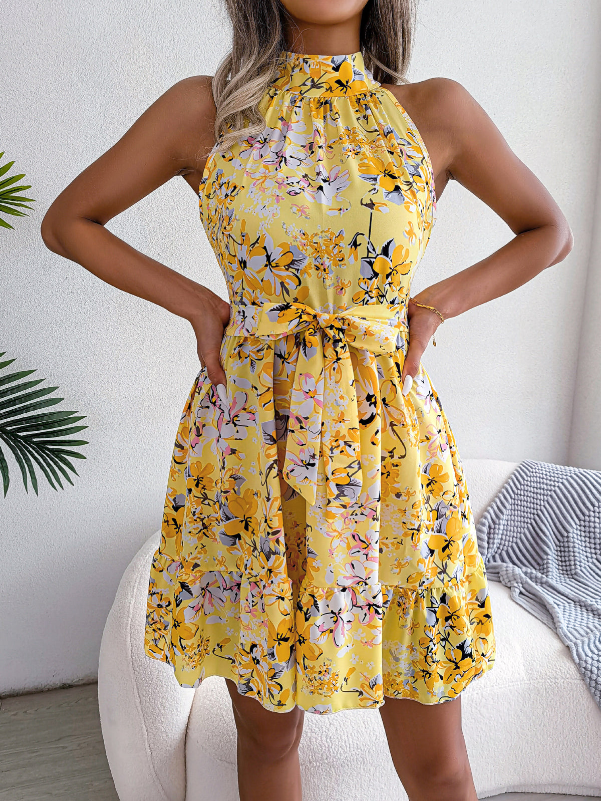 Women Elegant Tie Waist Ruffle Hem Flowy Floral Print Dress
