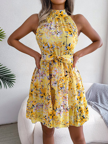 Women Elegant Tie Waist Ruffle Hem Flowy Floral Print Dress