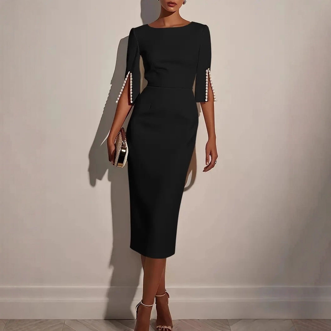 New European And American Amazon Cross-Border Spring And Summer Pure Color Work Clothing Beaded Slim Elegant Dress For Women