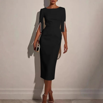 New European And American Amazon Cross-Border Spring And Summer Pure Color Work Clothing Beaded Slim Elegant Dress For Women