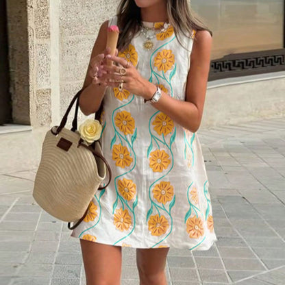2026 Summer New Arrival Casual Pink Floral Round Neck Sleeveless Tank Dress For Women European And American Styles