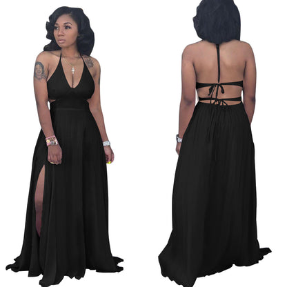 Solid Color Slim Fit Hollow-out Camisole Waist-baring Dress Women