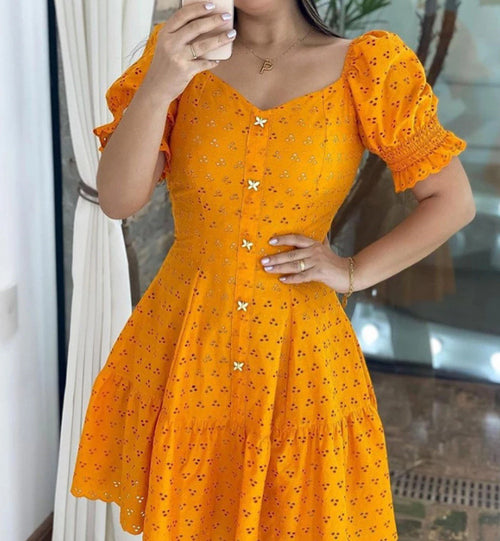 Short Sleeve Waist-controlled Hollow Dress Women