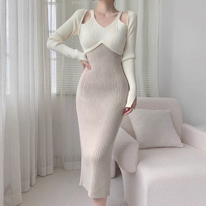 French Style Gentle Halter Knitted Long-sleeved Dress Women
