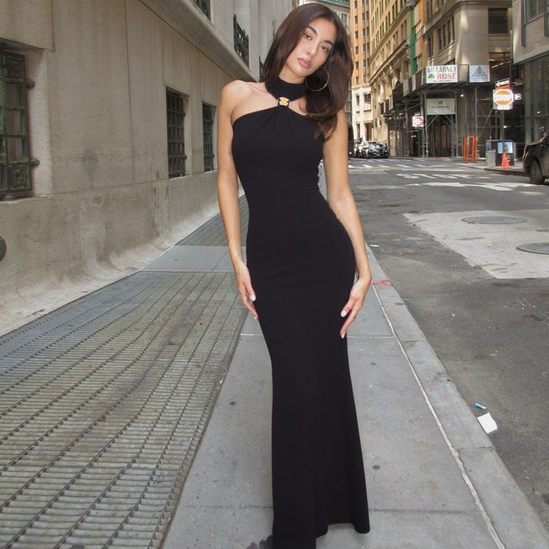 Slim Fit High Neck Sleeveless Slit Dress For Women