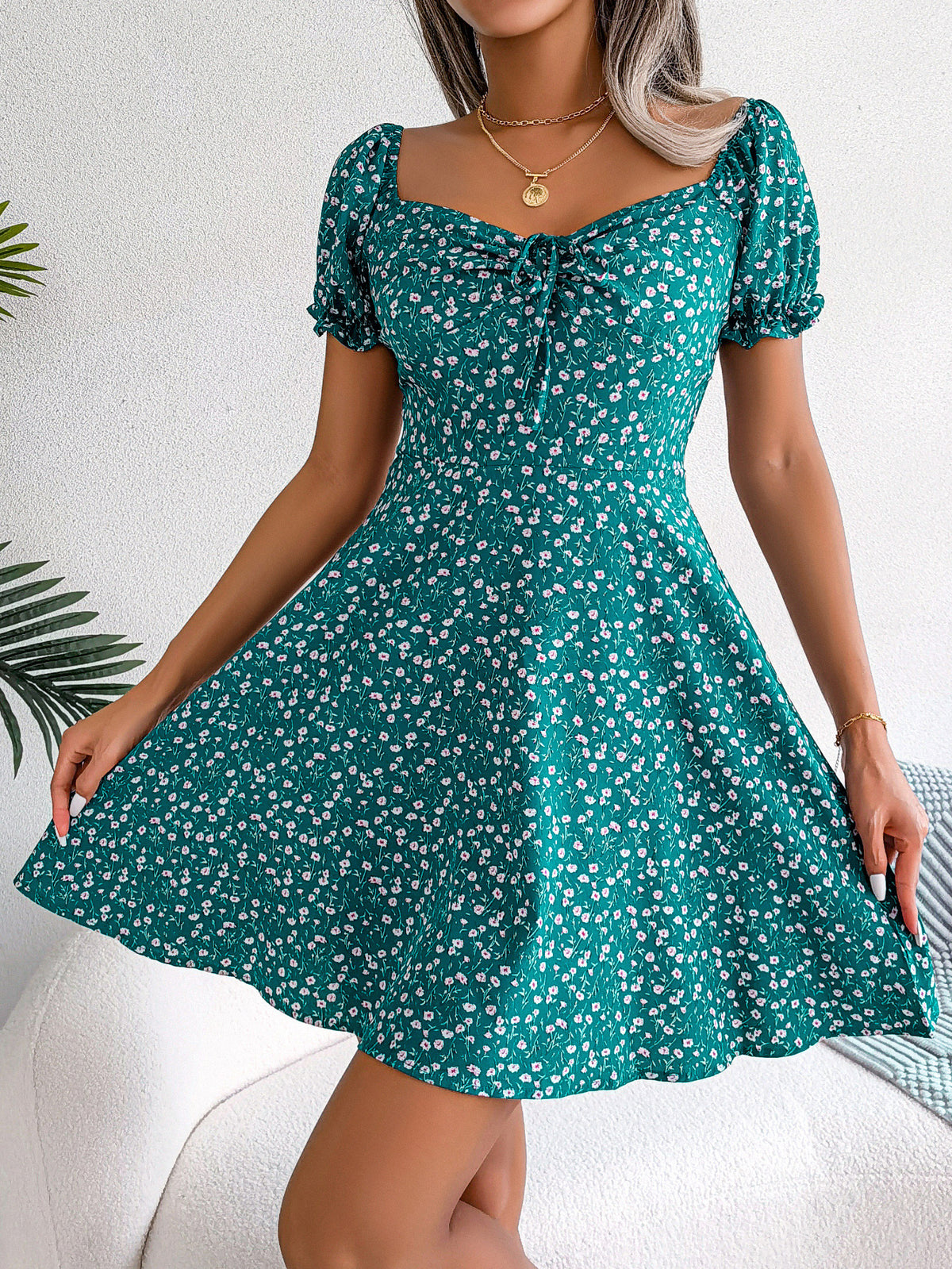 Women Casual Bell Sleeve Drawstring Tie Flowy Floral Print Dress