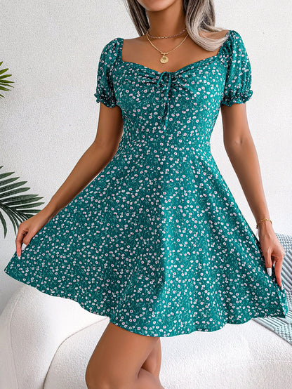 Women Casual Bell Sleeve Drawstring Tie Flowy Floral Print Dress