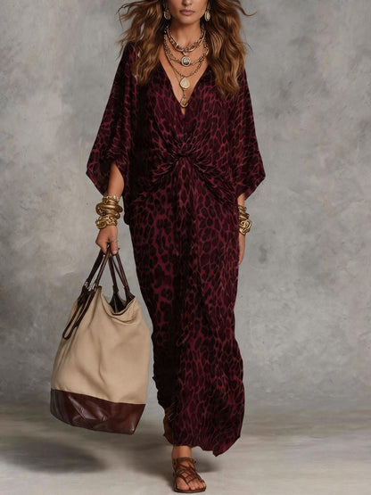 European And American Cross-Border Foreign Trade Independent Site Leopard Print V-Neck Waist-Cinching Plus Size Long Dress For Women