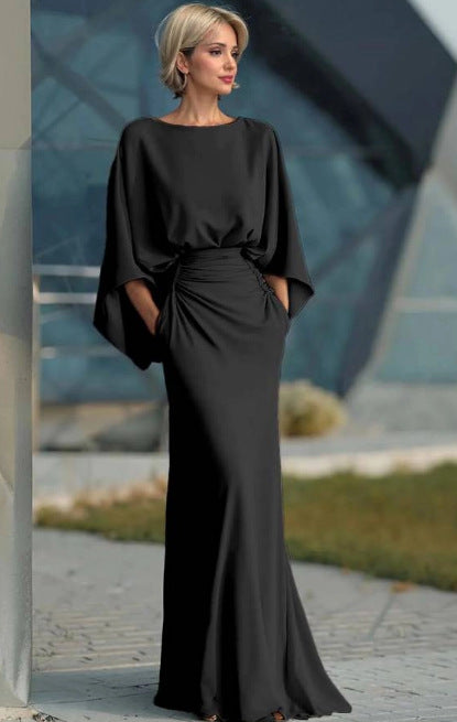 Batwing Sleeve Backless Dress Slim Elegant Pleated Dresses For Women Vening Gown For Party Wedding Clothing