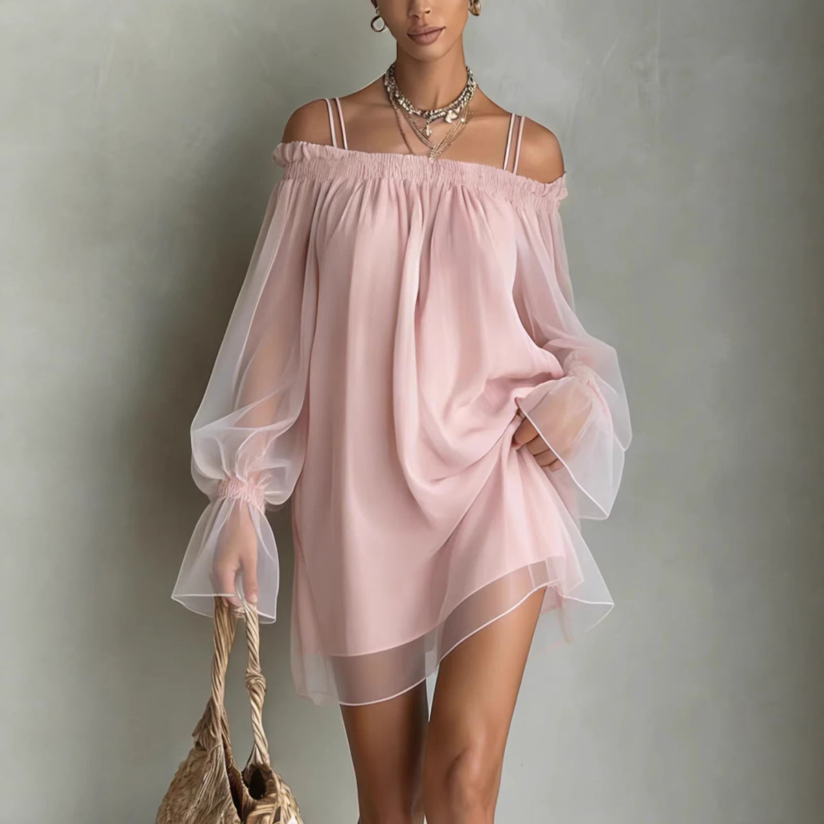 Sexy Sweet Double Strap Vestidos Off Shoulder Dress For Women Vestido Fairy Mini Loose Dresses Summer New Sheer Mesh Long Sleeve
