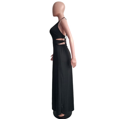 Solid Color Slim Fit Hollow-out Camisole Waist-baring Dress Women
