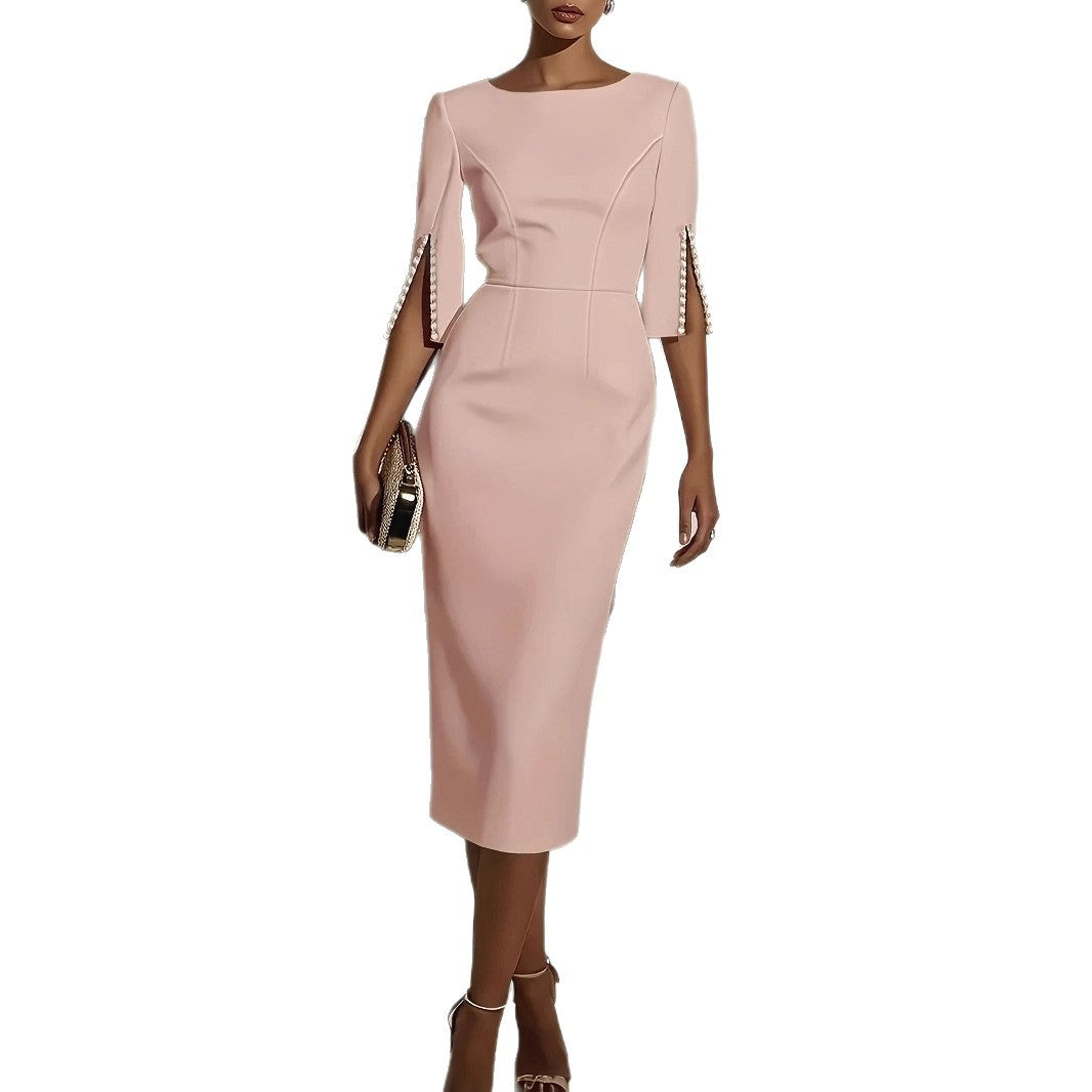New European And American Amazon Cross-Border Spring And Summer Pure Color Work Clothing Beaded Slim Elegant Dress For Women