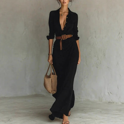 Irregular Long Dress With Belt Fashion And Elegant Button Lapel Long-sleeved Shirt Dresses Daily Office Commuting Clothing For Women