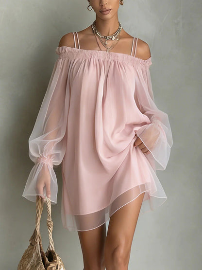 Sexy Sweet Double Strap Vestidos Off Shoulder Dress For Women Vestido Fairy Mini Loose Dresses Summer New Sheer Mesh Long Sleeve
