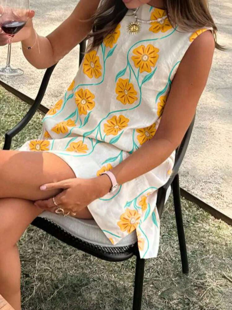 2026 Summer New Arrival Casual Pink Floral Round Neck Sleeveless Tank Dress For Women European And American Styles