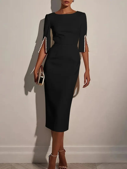 New European And American Amazon Cross-Border Spring And Summer Pure Color Work Clothing Beaded Slim Elegant Dress For Women