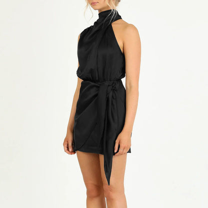 Elegant Halter Neck Dress Fashion Sleeveless Waist-tied Short Dresses For Evening Party Clothing Women