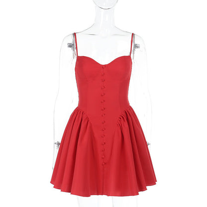 Sexy slim button design suspender puffy skirt