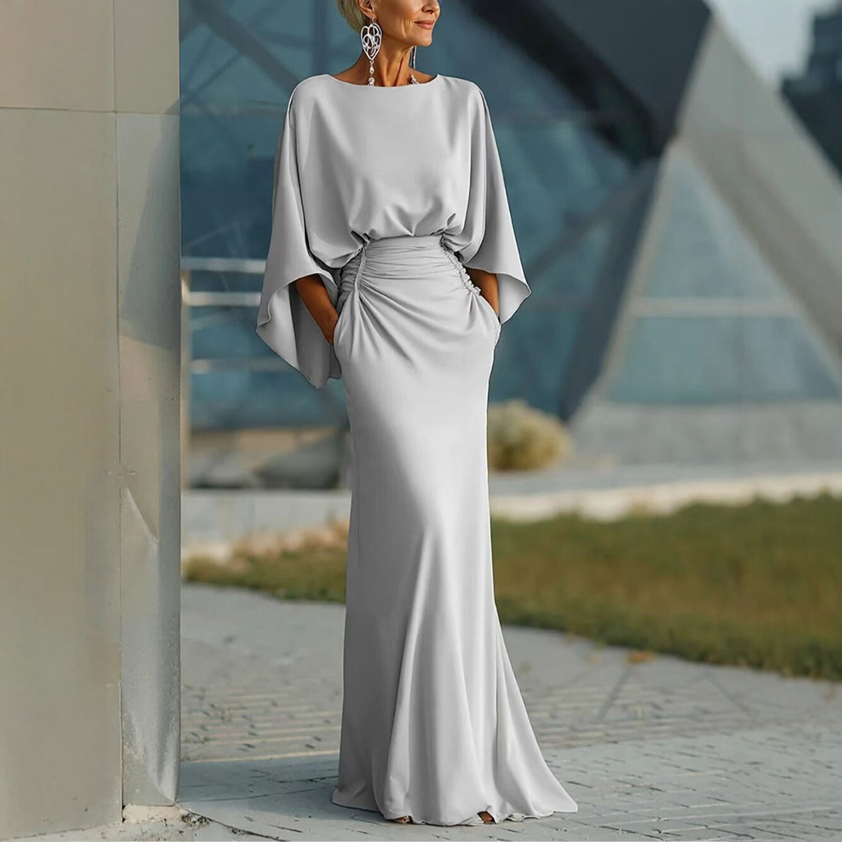 Batwing Sleeve Backless Dress Slim Elegant Pleated Dresses For Women Vening Gown For Party Wedding Clothing